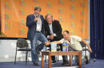 Dave Barry talks about writing humor for children with Alan Zweibel (black jacket) and Adam Mansbach (short sleeves). Mansbach is the author of Go the Fuck to Sleep, and has co-written with Zweibel Benjamin Franklin: Huge Pain in My...